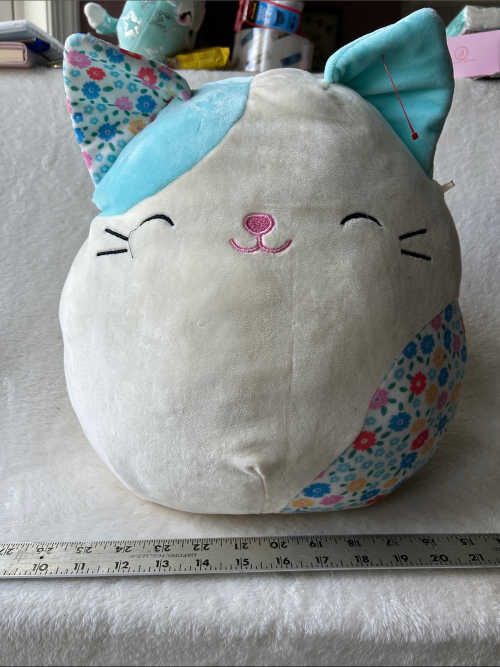 Kelsa Plush Cat Squishmallow Pillow - Cream & Light Blue Floral Accent - Brand